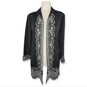Embroidered Silk-Blend Longline Duster Jacket Black Floral Boho Cottagecore M